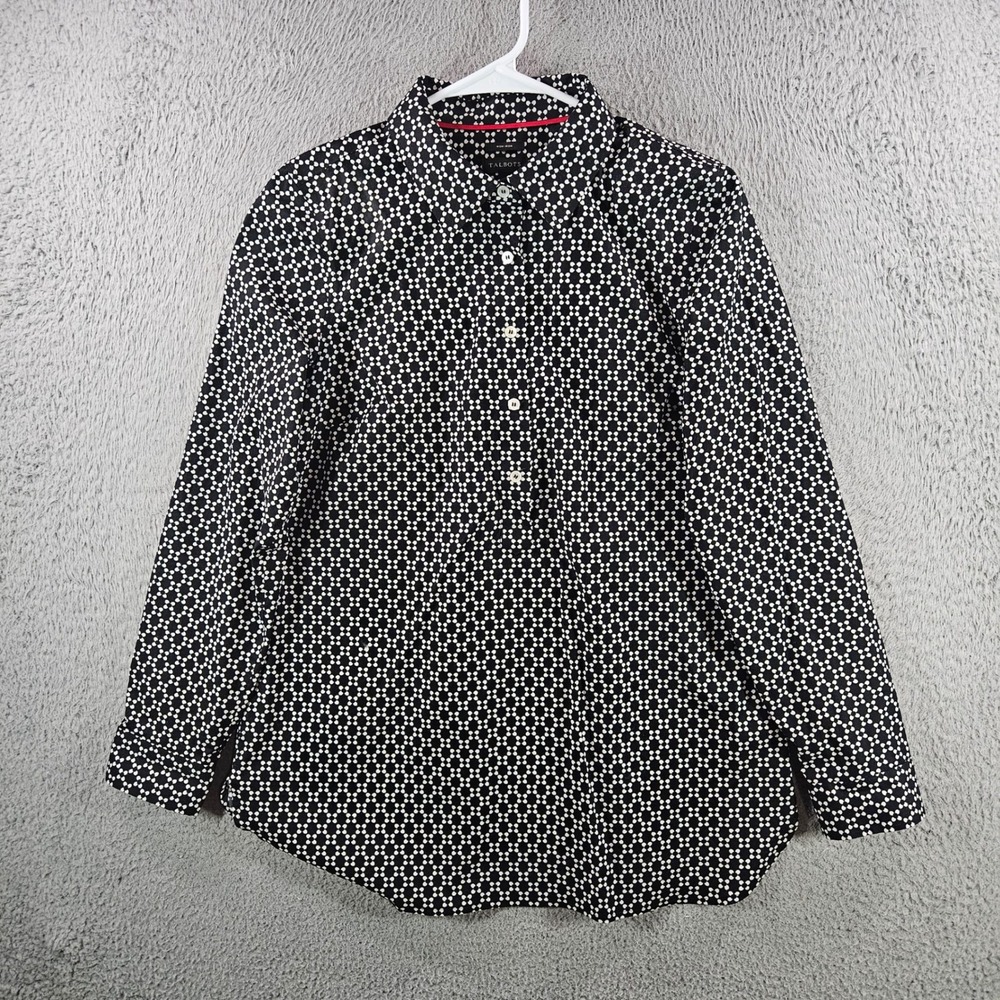 Talbots Non-Iron Shirt Womens 4 Black White Geometric Floral Long Sleeve Blouse
